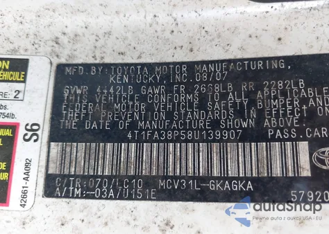 2008 Toyota Camry Solara Sle z USA, uszkodzony, nr VIN 4T1FA38P58U139907